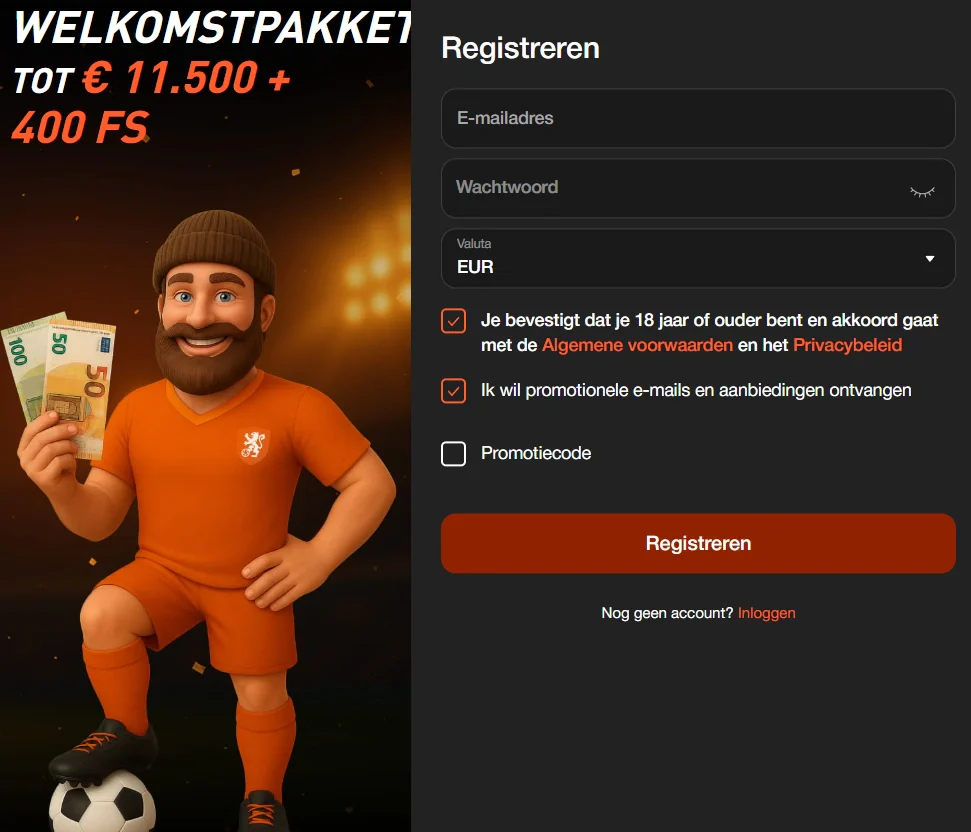 Registratieformulier van Betoranje met e-mailadres, wachtwoord en welkomstpakket tot €11.500 plus 400 gratis spins
